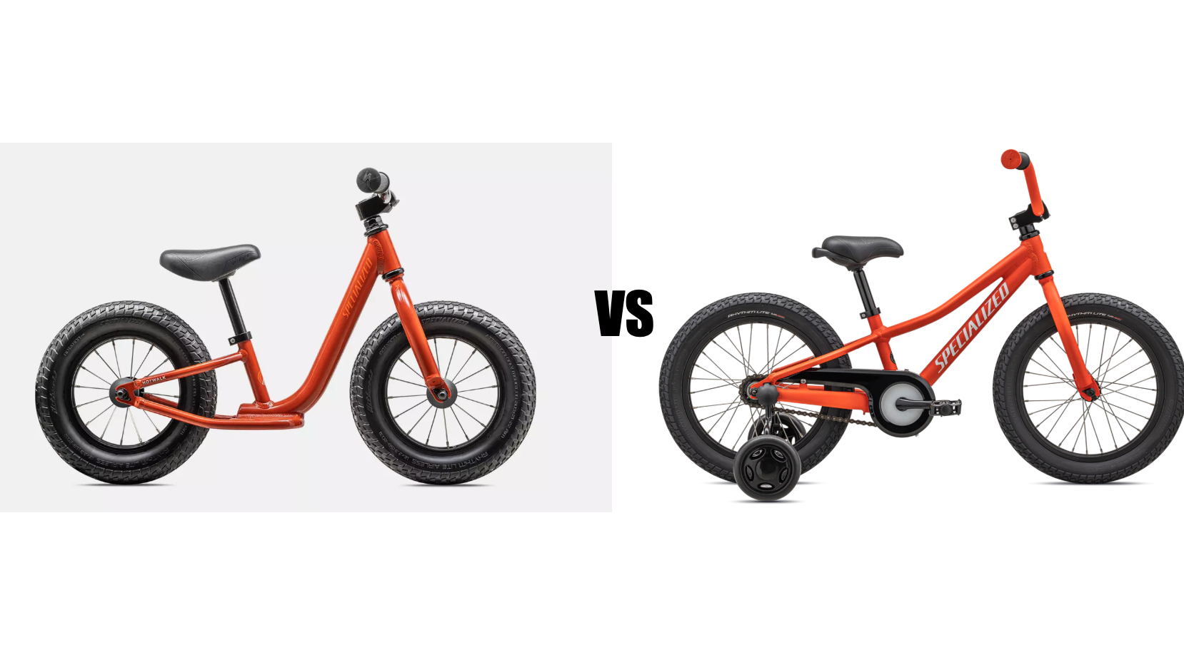 red balance bike and red training wheel bike