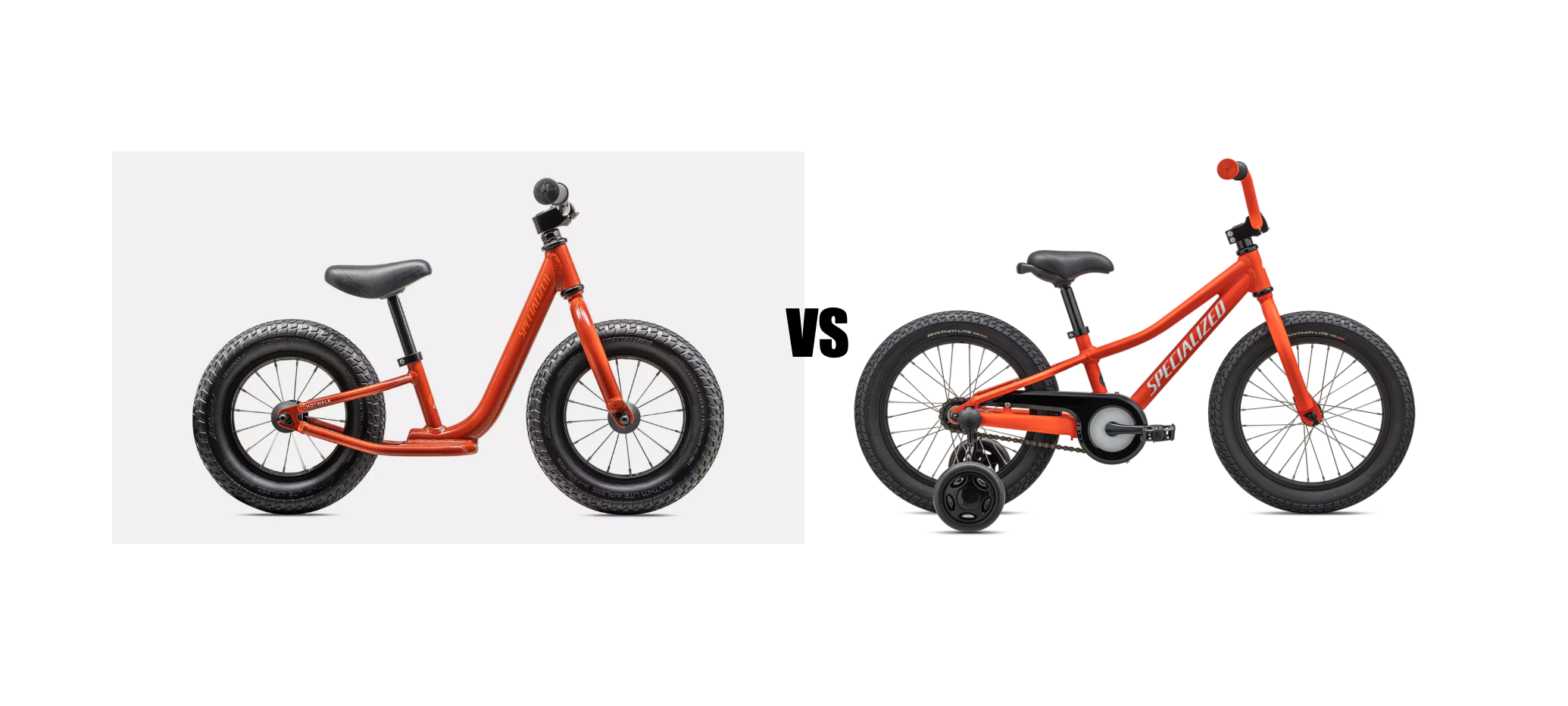 red balance bike and red training wheel bike