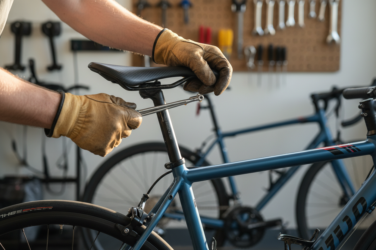 person wearing gloves fixing a bicycle